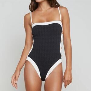 L'Agence Tory Bandeau One Piece Swimsuit Black White Gold Buttons S NEW
